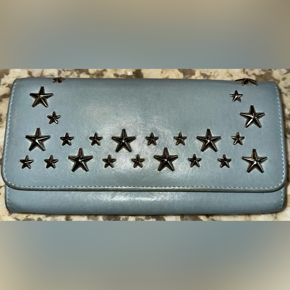 Jimmy Choo Silver Star Studs Baby Blue Leather Wallet Front Flap Snap Close EUC